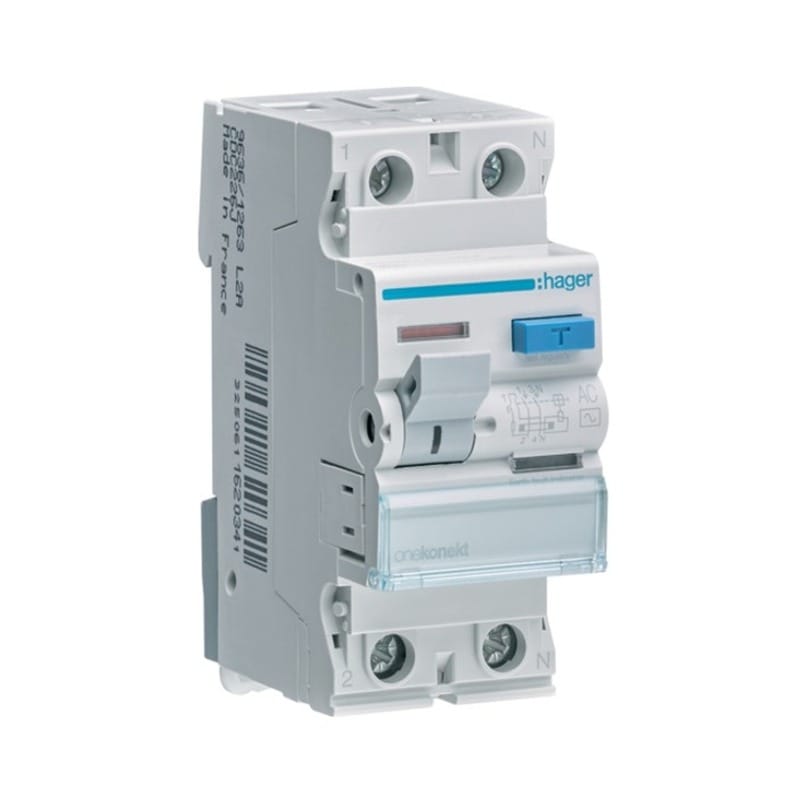 HAGER 25A 2P 100mA Earth Leakage Circuit Breaker, Reliable Dual Pole Safety Device with 100mA Sensitivity, High Breaking Capacity for Protection Against Leakage Currents